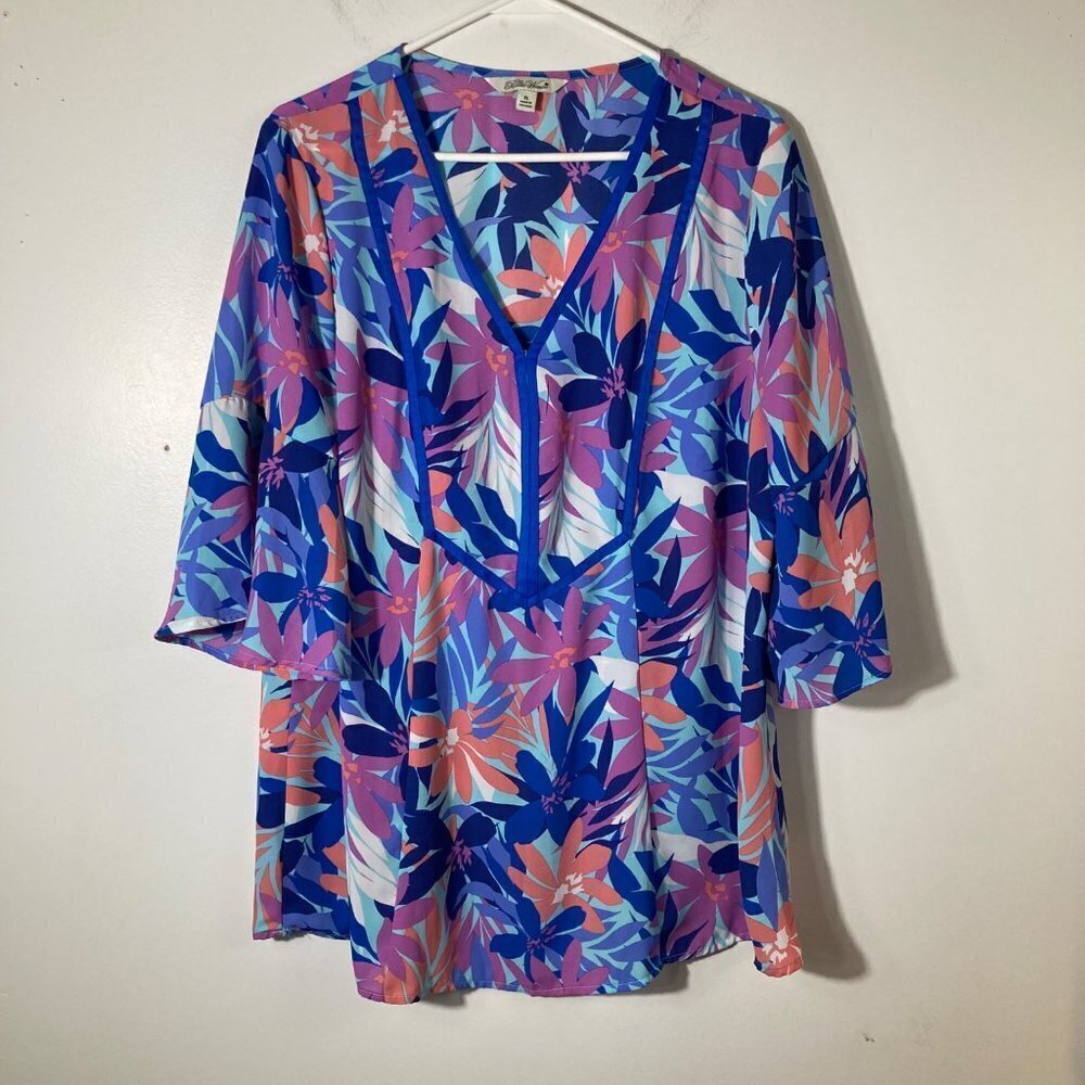 Womens Pioneer Woman V Neck Floral Bell Sleeve Blouse Blue Purple Pink Orange XL
